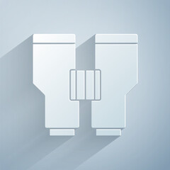 Paper cut Binoculars icon isolated on grey background. Find software sign. Spy equipment symbol. Paper art style. Vector