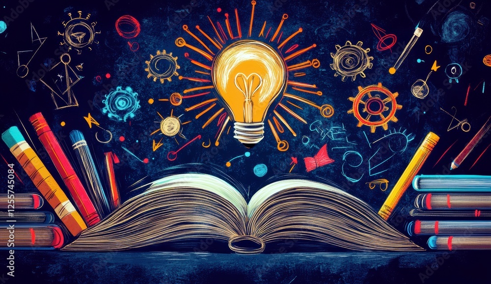 Poster open book with light bulb above symbolizing knowledge and creativity surrounded by colorful illustra