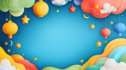 Yi Peng style wallpaper, midnight blue background with glowing lantern decoration and large blank space in the center for text, lanterns patterns such as moon and stars on both sid