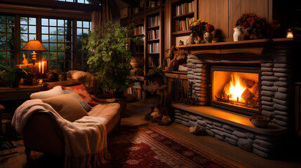 Cozy Autumn Evening by Fireplace Rustic Living Room Interior with Stone Fireplace and Bookshelves