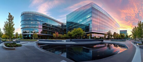 Obraz premium Modern Glass Office Building at Sunset with Vibrant Sky, Reflections, and Surrounding Landscape in an Urban Environment
