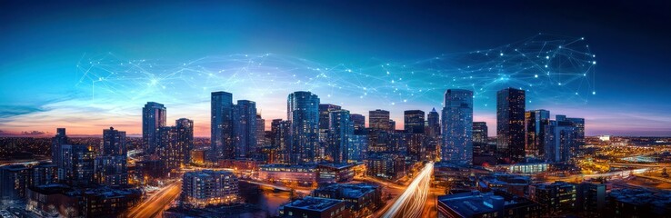 Fototapeta premium Aerial Cityscape of Modern Urban Skyline at Dusk with Vibrant Colors and Digital Network Overlay Illustrating Connectivity and Technology Integration