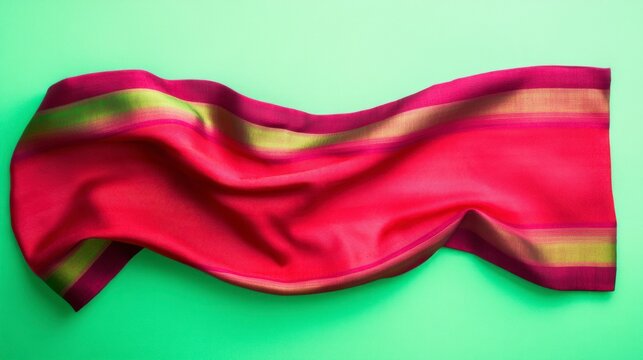 Elegant Red Saree Draped on Green Background in Realistic Style for Textile and Fashion Inspiration