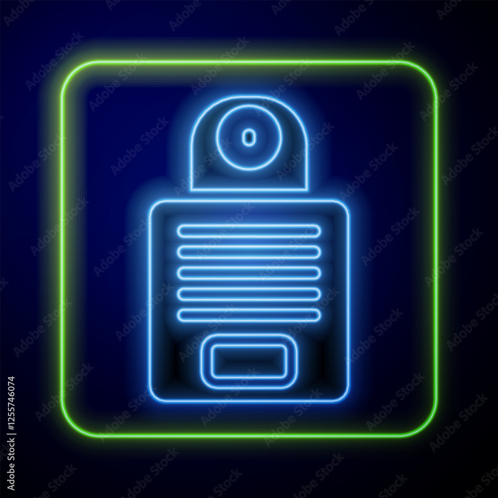 Poster glowing neon intercom icon isolated on blue background. vector