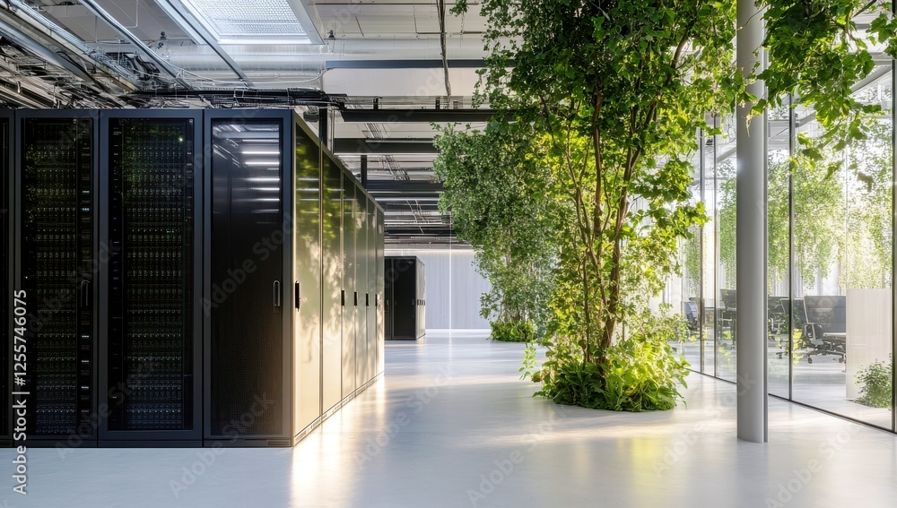 Aufkleber modern office space featuring data storage cabinets and lush greenery in a bright and open environme