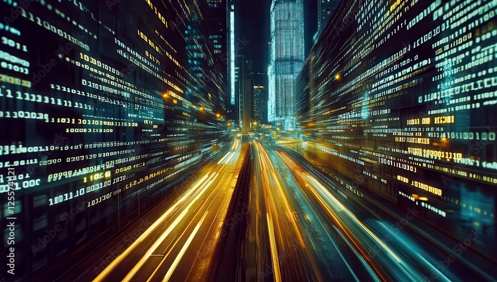 Fototapete urban nightscape with dynamic light trails and digital binary code overlay representing technology a