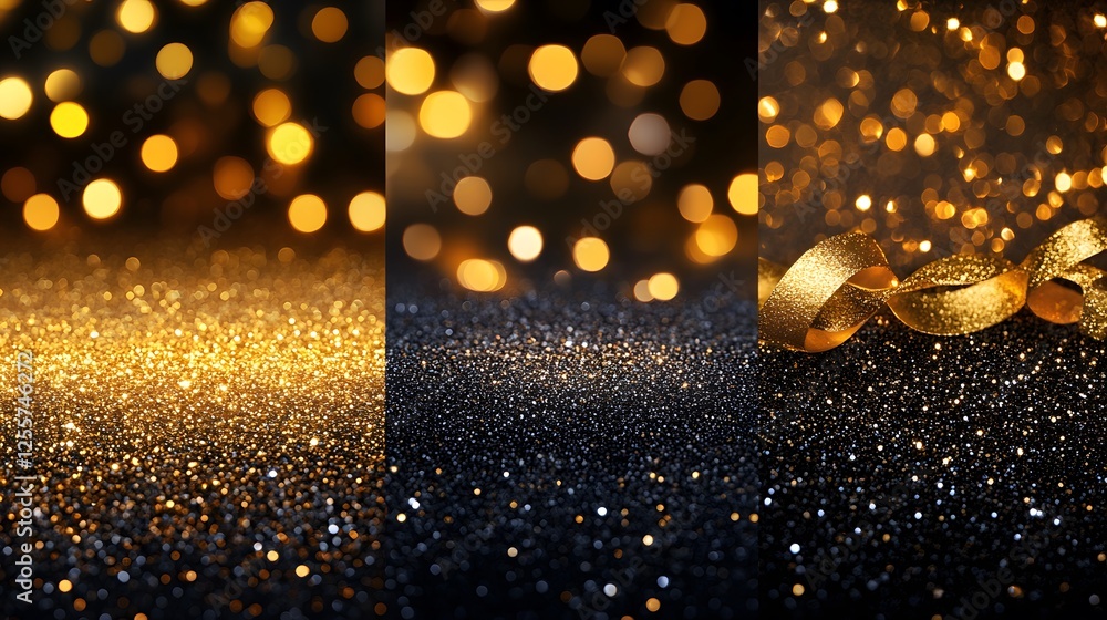 Poster gold glitter texture on a black background with gradient soft glow and abstract design elements