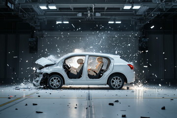 Car crash test with dummies in a controlled setting