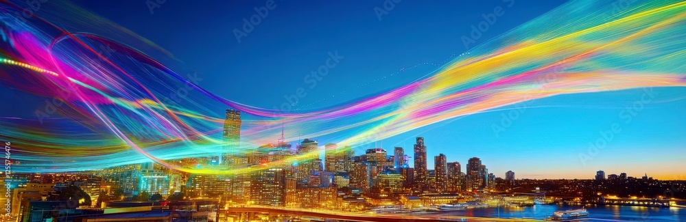 Poster vibrant city skyline at dusk with colorful light trails creating a dynamic and energetic atmosphere 