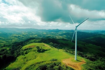 Wind Turbine on Green Hills Under Dramatic Cloudy Sky, Renewable Energy Concept, Sustainable Nature Landscape in Scenic Mountain Location
