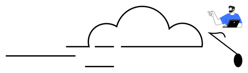 Cloud shape with horizontal lines indicating data transfer and person using a laptop for system management. Ideal for technology, cloud computing, data transfer, digital security, online storage, IT
