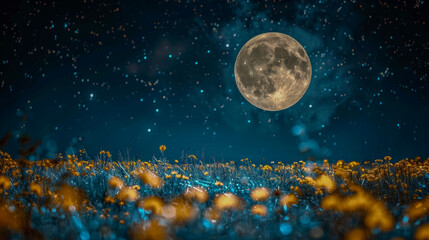 Magical Moonlit Field with Glowing Wildflowers..