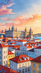 Obraz premium Tall Rooftops of Lisbon at Sunset watercolor in Scenic Cityscape on plain white background