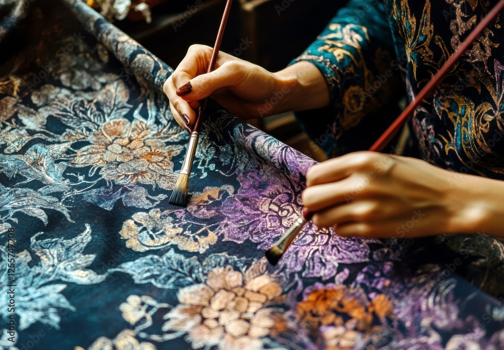 Poster artisan craftsman using brushes to create intricate floral patterns on fabric with vibrant colors in