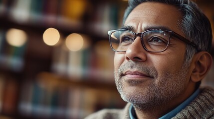 Fototapeta premium A man wearing glasses looks away from the camera in contemplation