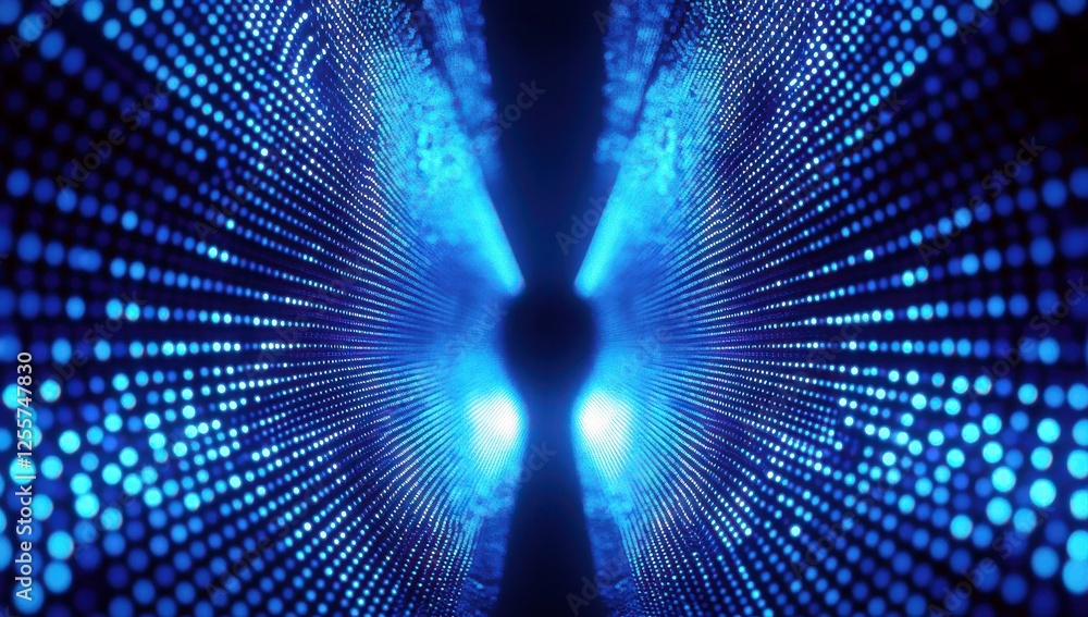 Poster abstract digital background with glowing blue lights and dots creating a symmetrical pattern in a da
