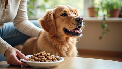 Happy Golden Retriever Enjoying Meal with Owner in Bright Room
