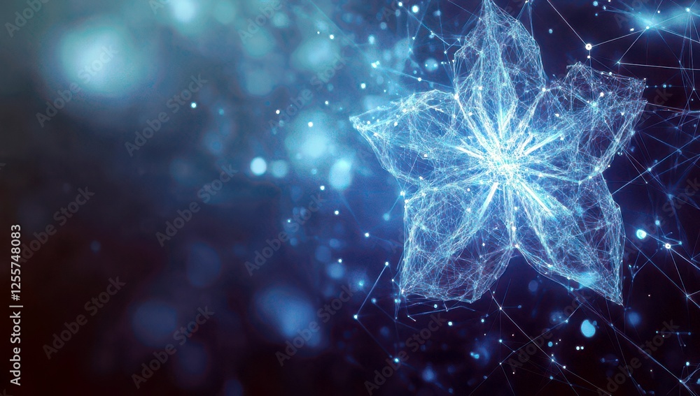 Poster intricate digital flower design with glowing blue lines and sparkling particles set against a dark b