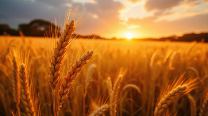 Naklejka premium Golden wheat field at sunset, showcasing nature beauty and tranquility