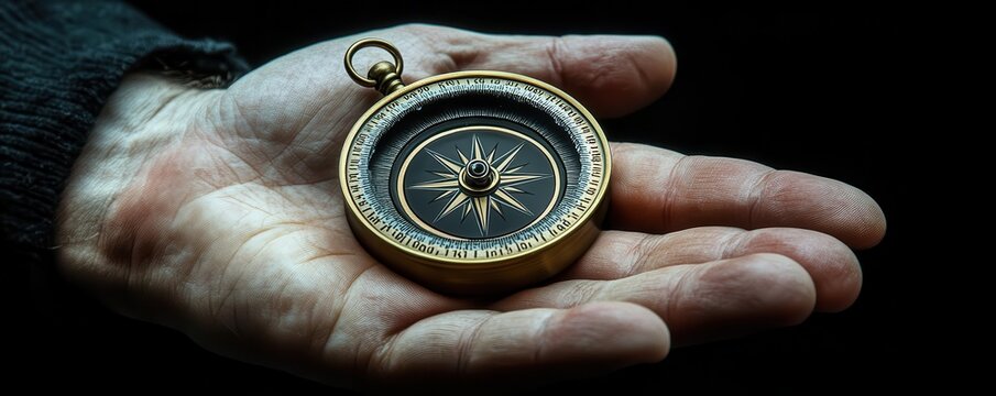 Giant compass embedded in a human hand, guiding toward success and self-discovery