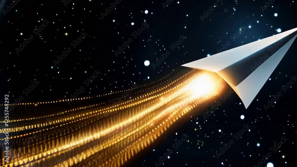 Poster futuristic paper airplane soaring through a digital space with sparkling particles.