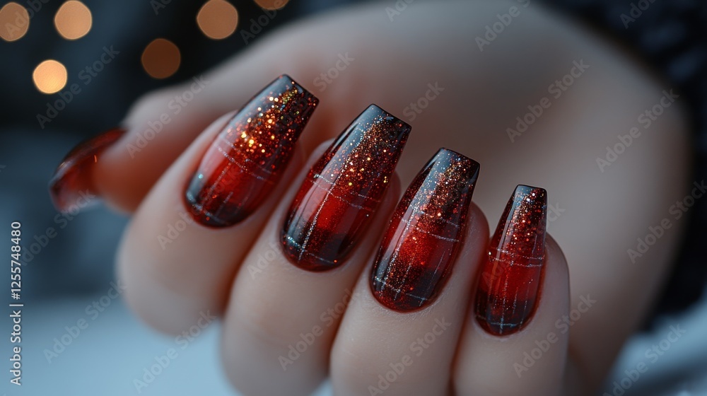 Poster crimson and glitter: a close-up of elegant coffin-shaped nails with a dark ombre effect, accented by