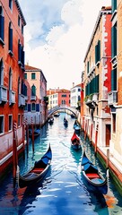 Obraz premium Venetian Canals with Gondolas watercolor in Historic Waterfront Cityscape on plain white background