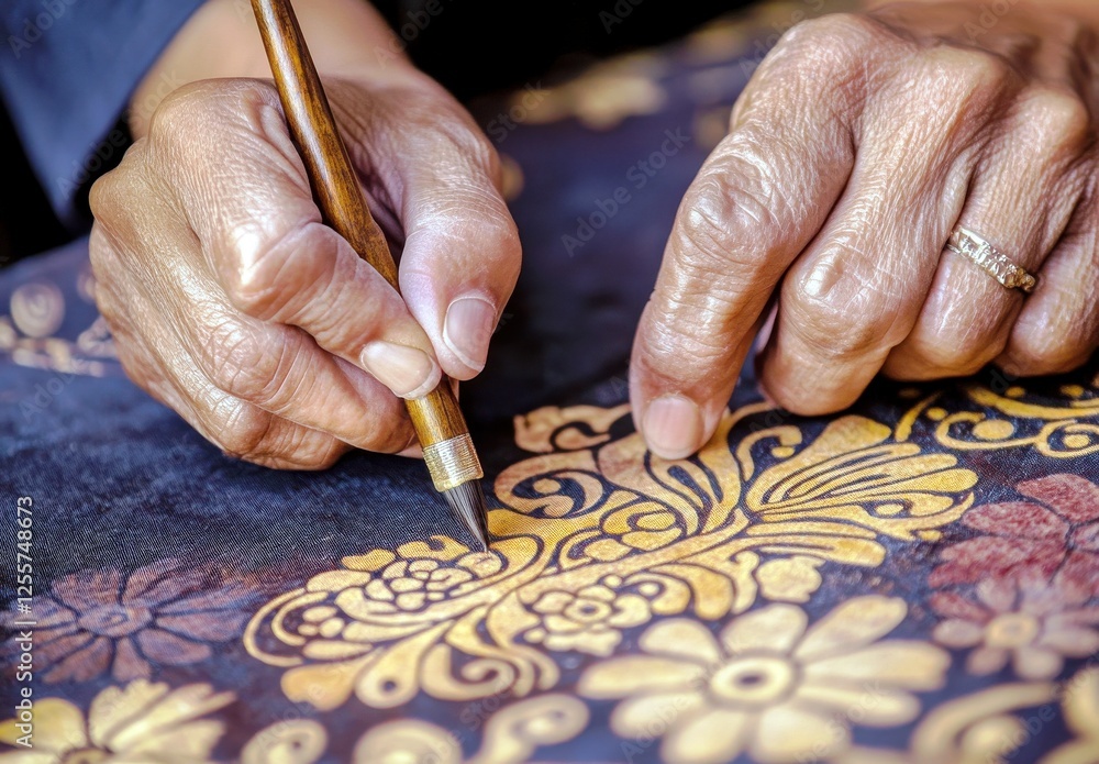 Poster Skilled artisan creating intricate patterns on fabric using traditional tools, showcasing the beauty of craftsmanship in textile art and design techniques.
