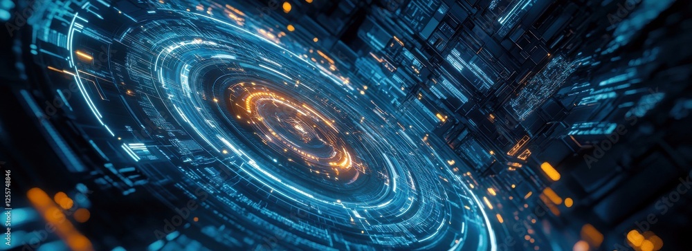 Poster abstract digital technology background featuring glowing circular patterns and vibrant light trails 