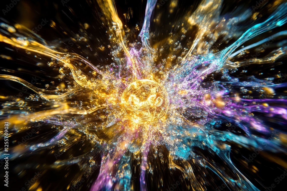 Poster colorful abstract design of water splashing in dynamic motion with glittering particles and light ef