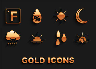 Set Sunrise, Moon and stars, Sunset, Water drop, Cloud with rain, Fahrenheit and percentage icon. Vector