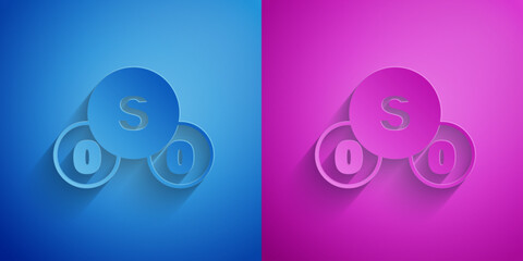 Paper cut Sulfur dioxide SO2 gas molecule icon isolated on blue and purple background. Structural chemical formula and molecule model. Paper art style. Vector