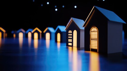 Row of glowing miniature houses in dark setting