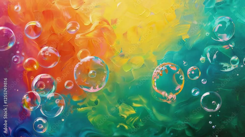 Poster vibrant abstract painting with floating bubbles and dynamic color spectrum.