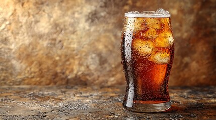 Iced cola drink glass, rustic background, refreshment