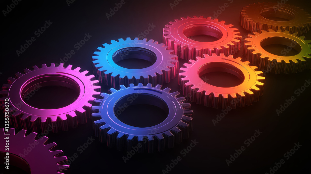 Poster abstract design showcasing series of colorful gears in vibrant hues, creating visually striking comp