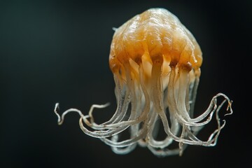 Close-up of a jellyfish glowing in the dark underwater