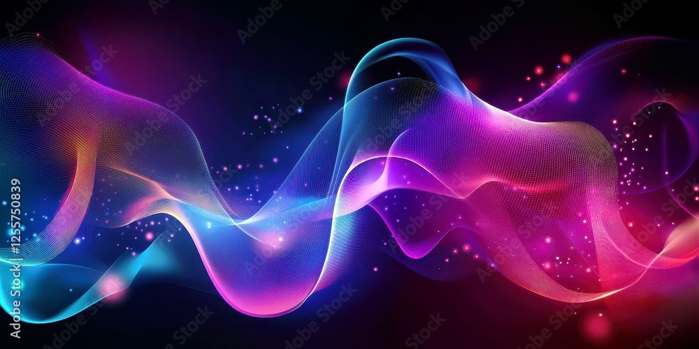 Aufkleber colorful abstract waves with smooth transitions and shimmering particles on a dark background, perfe