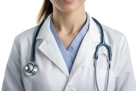 A woman in a white lab coat with a stethoscope, ready to perform medical procedures