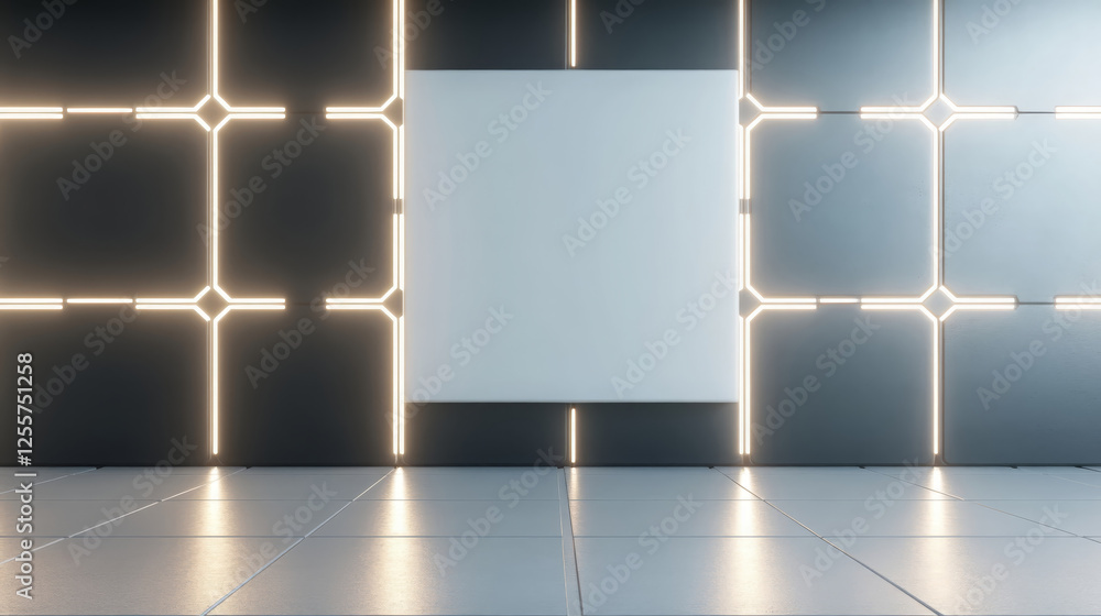 Poster futuristic empty digital wall box set in sleek environment, illuminated by glowing lines, creating m