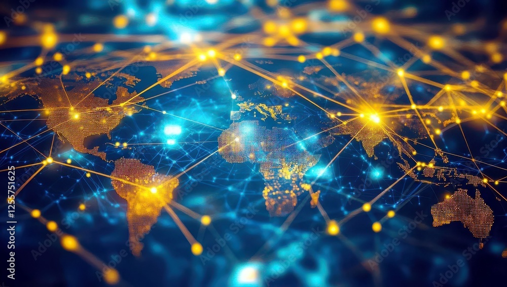 Poster digital connectivity network over world map with glowing nodes and interconnected lines representing