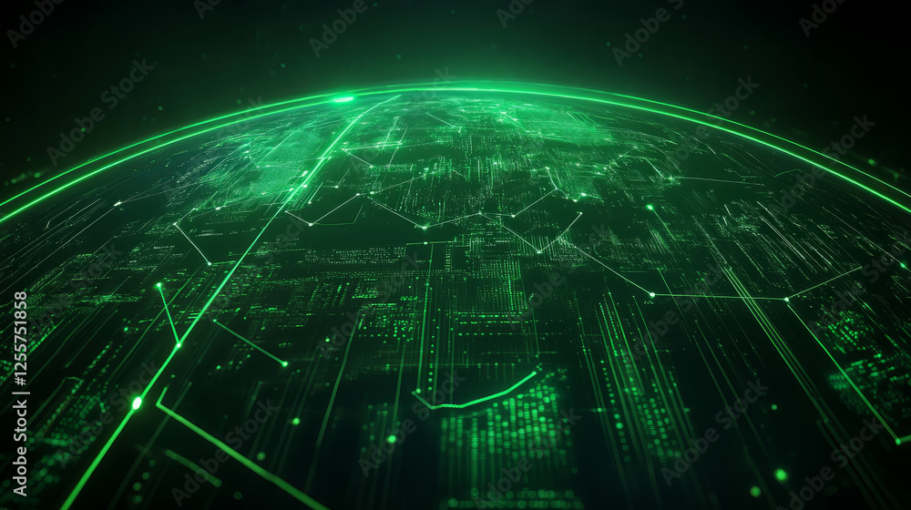 Aufkleber digital globe showcasing green cityscape with intricate data patterns and connections, symbolizing t