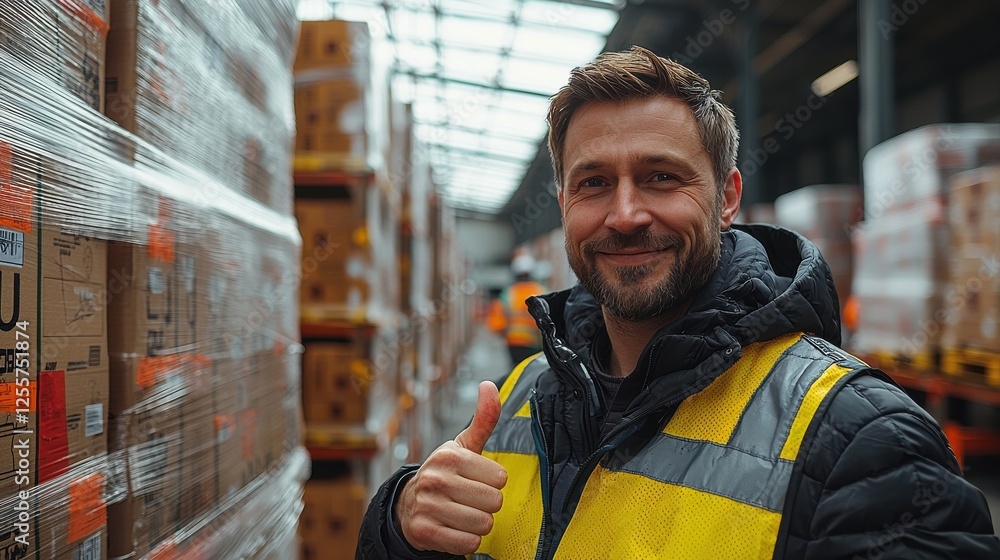 Poster warehouse worker smiling and giving a thumbs up while surrounded by stacked boxes during a busy day