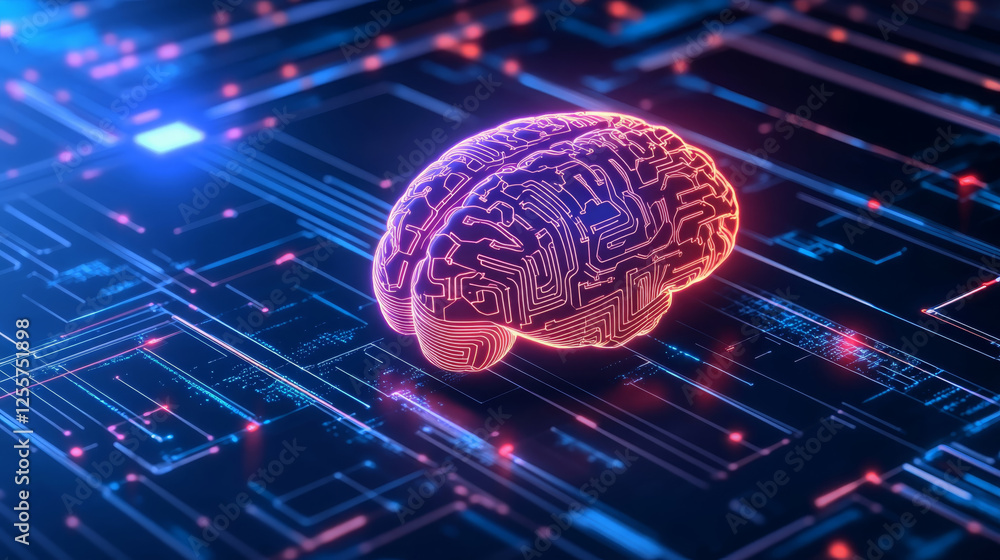 Poster digital representation of glowing human brain on circuit board background, symbolizing technology an