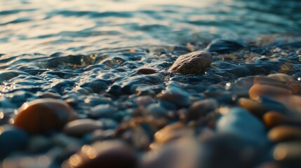 Gentle Waves Washing Over Smooth Stones on a Tranquil Beach Shoreline