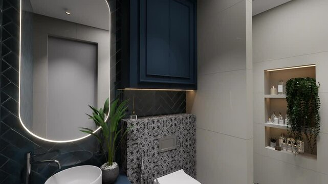 Luxurious contemporary bathroom with a black and white patterned floor, dark shower tiles, floating toilet, and stylish built-in shelves with ambient lighting in 3D animation.