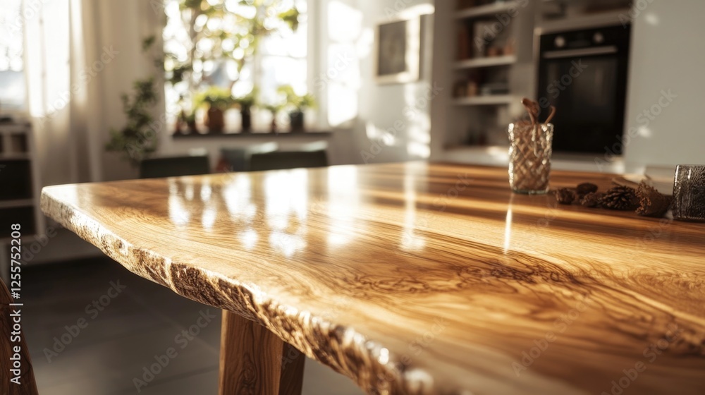 Poster a detailed view of a wooden table surface, ideal for highlighting textures and patterns