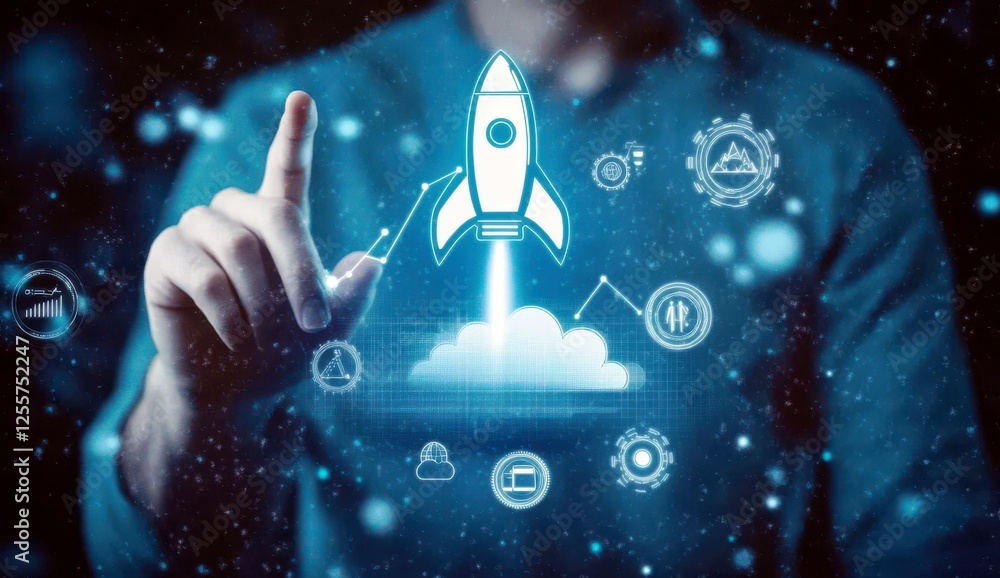 Poster futuristic concept of cloud technology with rocket launching and digital interface, representing inn