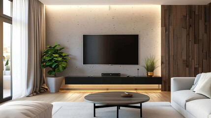 Modern Living Room Interior Design Flat Screen TV Wooden Wall and Cozy Sofa