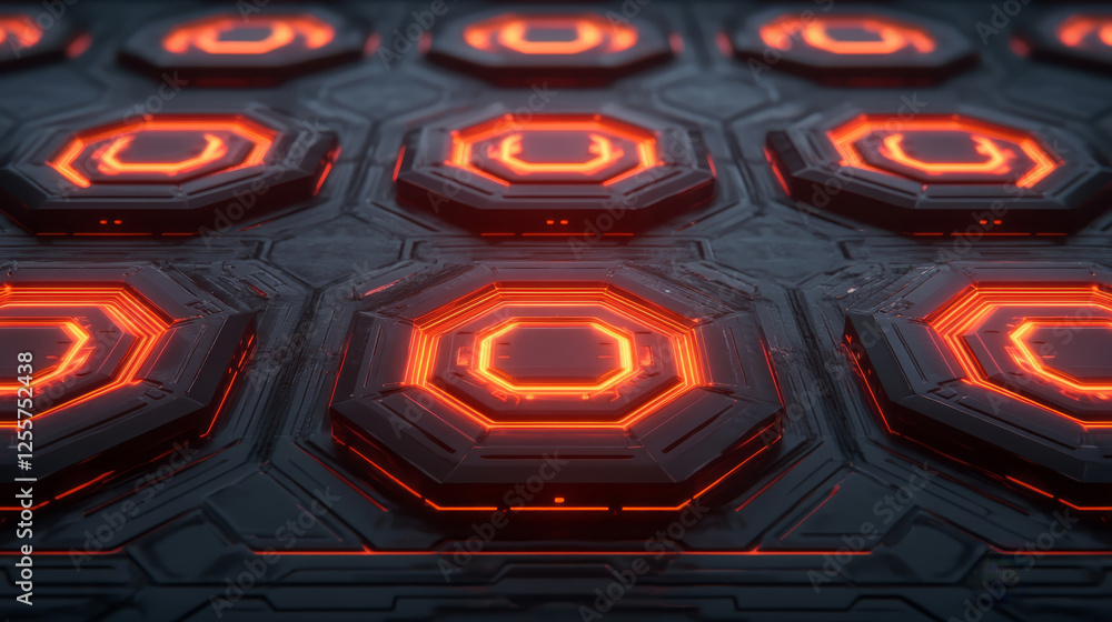 Poster futuristic design featuring dark hexagonal shapes with glowing orange accents, creating striking vis